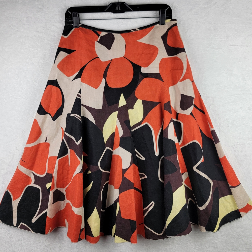 Linen Retro Bohemian Orange Black Pleated A-Line Size 10 Skirt Cocktail Party